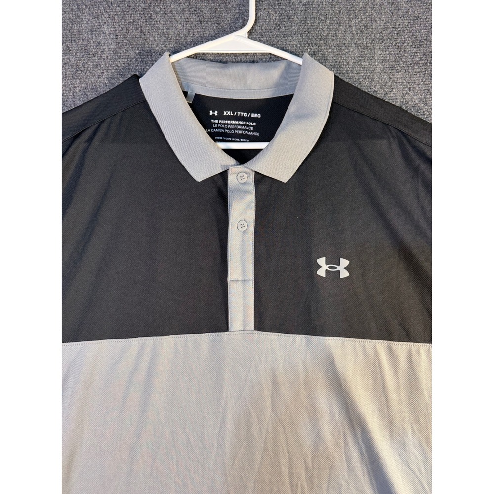Under Armour Mens XXL Performance Polo Shirt Black Grey Colorblock Loose Fit